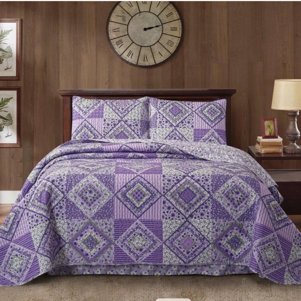 Purple Lavender Floral Printed Patchwork Queen Quilt Set Cottage Farmhouse